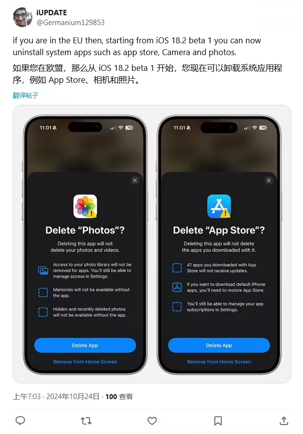 罗甸苹果手机维修分享iOS 18.2 支持删除 App Store 应用商店 