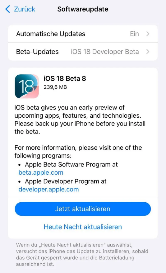 罗甸苹果手机维修分享苹果 iOS / iPadOS 18 开发者预览版 Beta 8 发布 